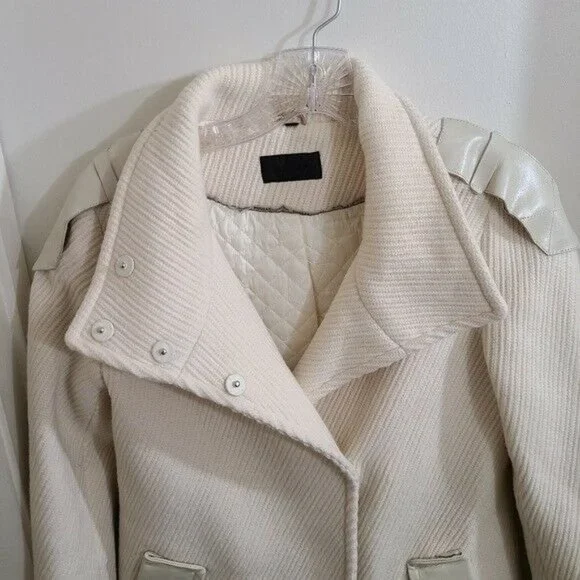 RUDSAK Ivory Designer Wool Leather Button Up Long Trench Coat Size XS - Picture 5 of 12